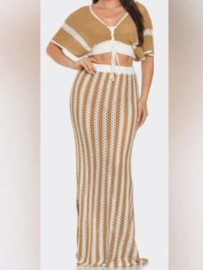 Fashion Nova Tan and White Crochet Maxi Skirt Set (only 2 left)